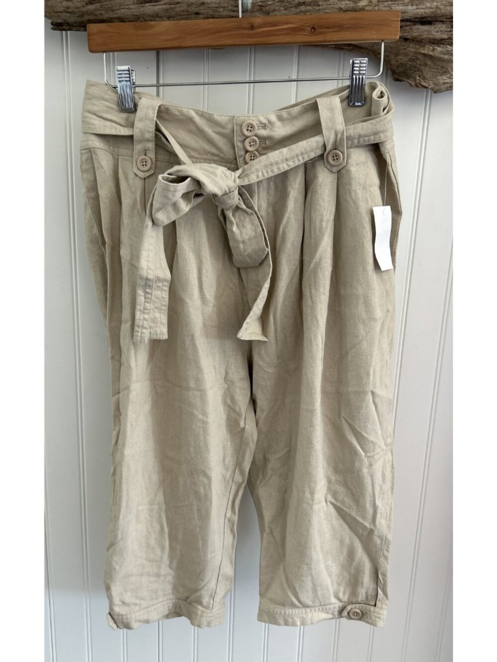 Charlotte Russe Capri Pants Womens Size 11 Linen Rayon NEW Beige Tie Waist